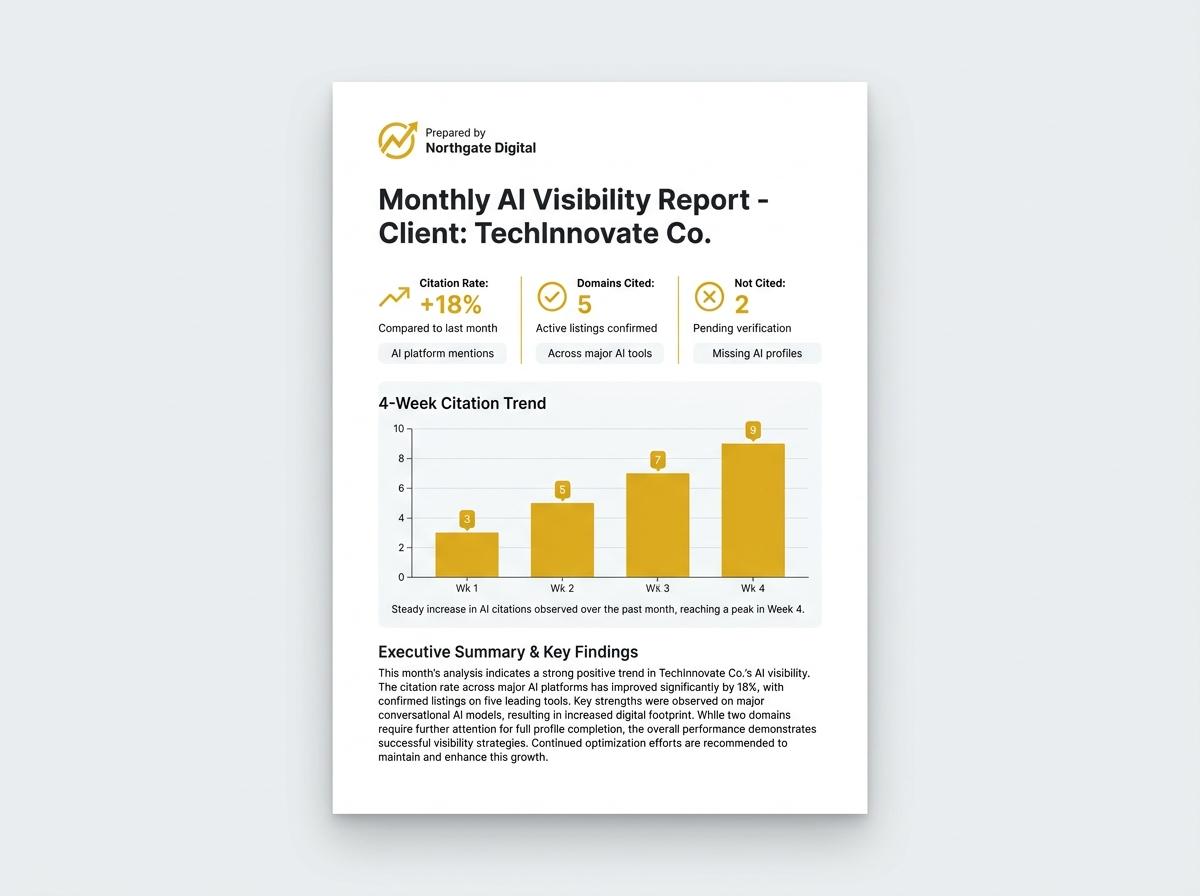 White-label PDF report showing an agency's own branding, citation rate trend, and a client-facing summary